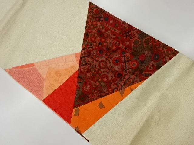 リサイクル　縮緬地切り嵌め古典柄に花模様織出し名古屋帯